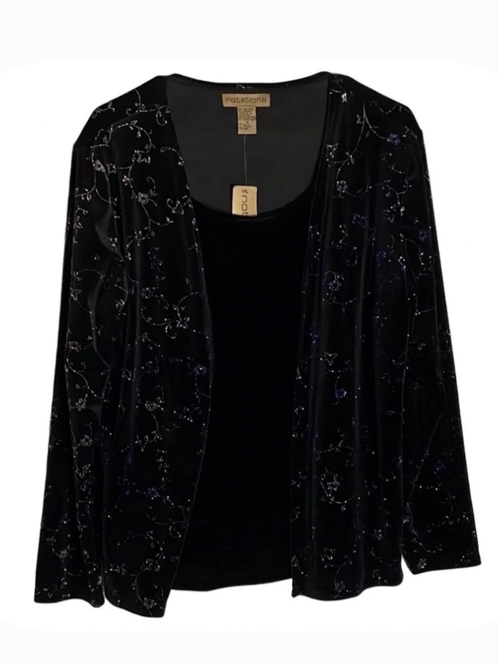 NOTATIONS Twinset Velveteen Glitter Cardigan Tank, Women’s M, Black